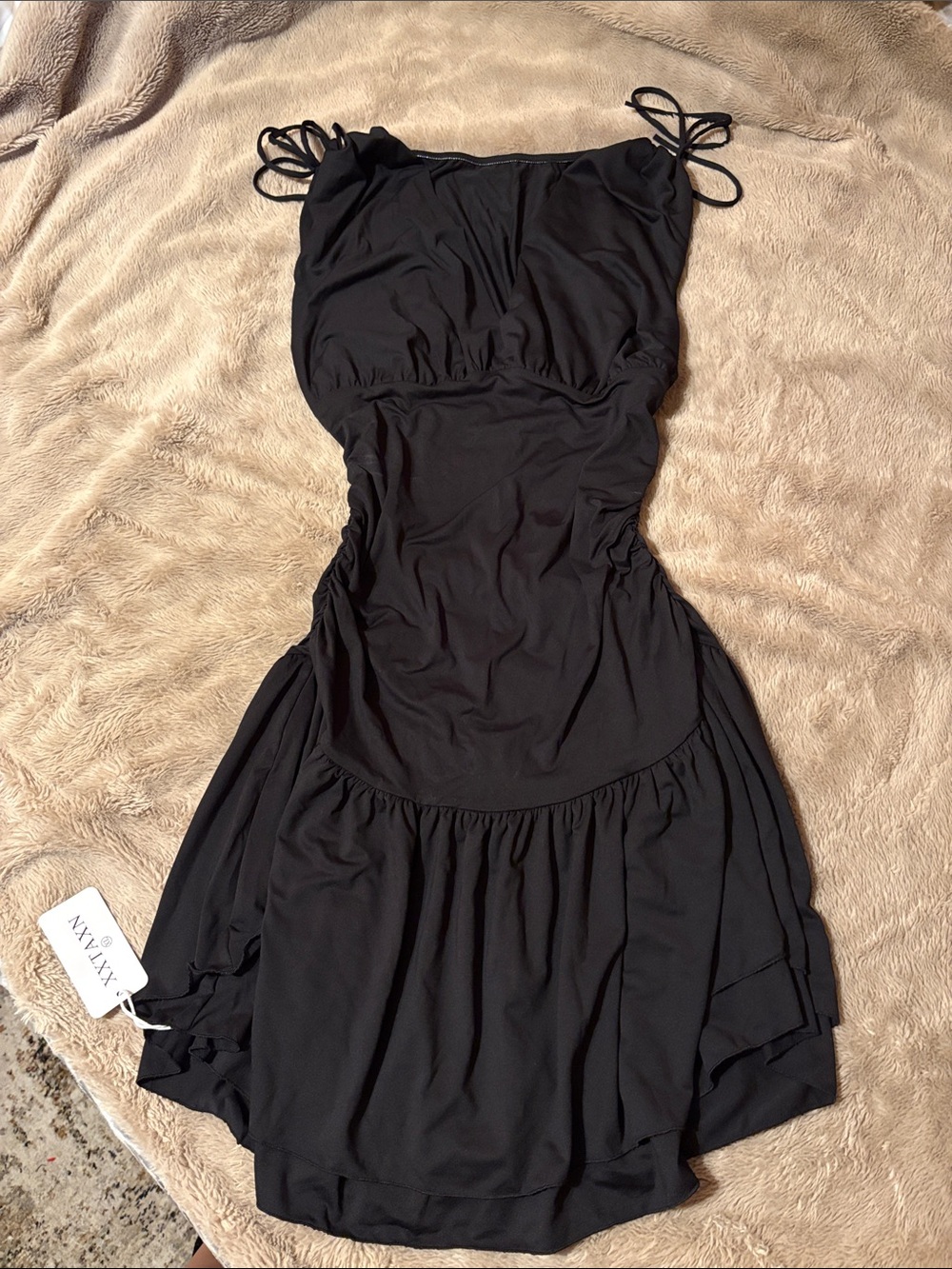 Women's Black Tie-Shoulder V-neck Dress